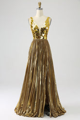 Funkelndes A Linie Goldenes langes Ballkleid mit tiefem V-Ausschnitt und Schlitz